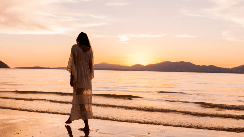 Woman mindful walking on the bitch