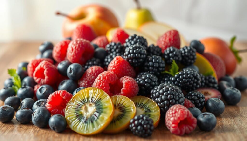A still life arrangement showcasing a selection of fresh, low-glycemic fruits against a soft, neutral background. The foreground features a variety of vibrant, ripe produce such as blueberries, raspberries, blackberries, and sliced kiwi, artfully arranged on a wooden surface. The middle ground includes a few sliced apples and pears, while the background subtly fades into a hazy, natural setting, perhaps with a hint of greenery or light to evoke a sense of health and wellness. The lighting is soft and diffused, creating a warm, inviting atmosphere that highlights the natural colors and textures of the fruits. The overall composition is balanced and visually appealing, emphasizing the nutritious and diabetes-friendly nature of the selected low-glycemic options.