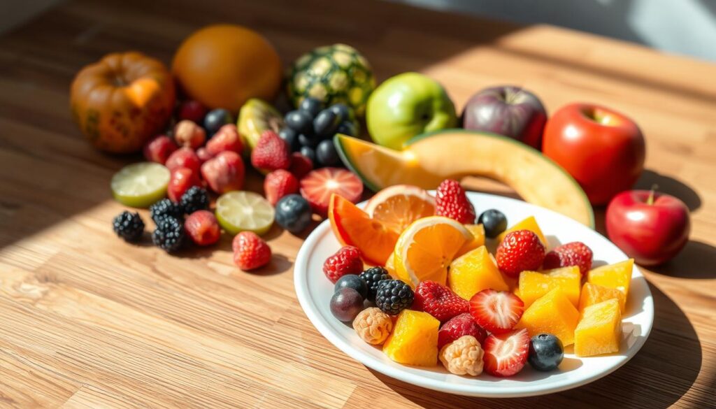 A neatly arranged selection of fresh, vibrant fruits on a wooden table, casting natural light shadows. In the foreground, a plate displays a balanced serving size of assorted berries, citrus slices, and melon cubes - a visually appealing diabetes-friendly portion. The middle ground features a variety of whole fruits, each with distinct colors and textures, artfully composed. The background showcases a simple, minimalist setting, allowing the focus to remain on the healthy fruit choices. Soft, diffused lighting accentuates the juicy, ripened appearance of the produce, creating an appetizing and informative scene.