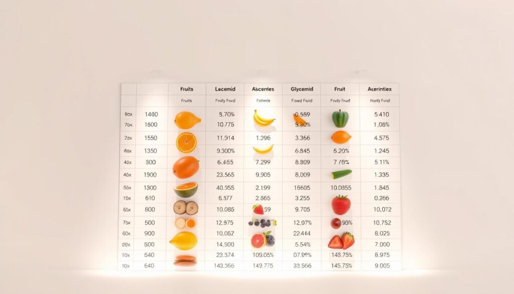 A beautifully designed food chart showcasing the glycemic index of various fruits and carbohydrate-rich foods. The chart is presented against a clean, neutral background, allowing the information to take center stage. The food items are arranged in a clear, organized grid, with each item accompanied by its corresponding glycemic index value. The chart is illuminated by soft, natural-looking lighting, creating a sense of warmth and clarity. The overall composition is visually appealing, with a balance of colors, shapes, and typography that makes the information easy to understand and digest.