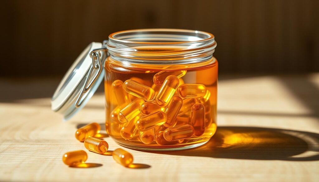 A glass jar filled with a golden-brown, viscous liquid, showcasing nerve growth factor extract capsules. The capsules are transparent, revealing their contents within. The jar is placed on a wooden surface, surrounded by a soft, diffused lighting that casts gentle shadows, creating a sense of depth and dimension. The overall scene exudes a natural, earthy tone, evocative of the organic nature of the supplement. The camera angle is slightly elevated, allowing the viewer to appreciate the intricate details of the capsules and the liquid's texture. The focus is sharp, ensuring a clear and detailed representation of the subject matter.