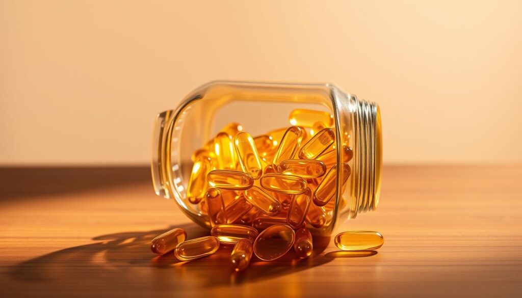 A sleek glass container filled with golden-hued capsules, backlit by a warm glow, sits atop a smooth wooden surface. The capsules are arranged in an orderly, visually appealing pattern, reflecting the purity and potency of the lion's mane mushroom extract within. The lighting casts soft shadows, adding depth and dimension to the still life composition. The overall scene radiates a sense of natural wellness and cognitive enhancement, inviting the viewer to consider the potential benefits of this herbal supplement.