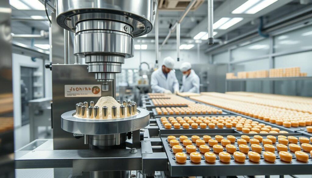 A state-of-the-art pharmaceutical laboratory, pristine and well-lit, with gleaming stainless steel equipment. In the foreground, a high-precision capsule filling machine meticulously and efficiently encapsulating a powdery substance - the essence of the lion's mane mushroom. Adjacent, workers in sterile white coats monitor the process, ensuring quality control. In the background, rows of filled capsules await packaging, ready to be distributed as a premium nutritional supplement. The scene conveys a sense of scientific rigor, attention to detail, and the careful craftsmanship involved in manufacturing this natural and beneficial product.